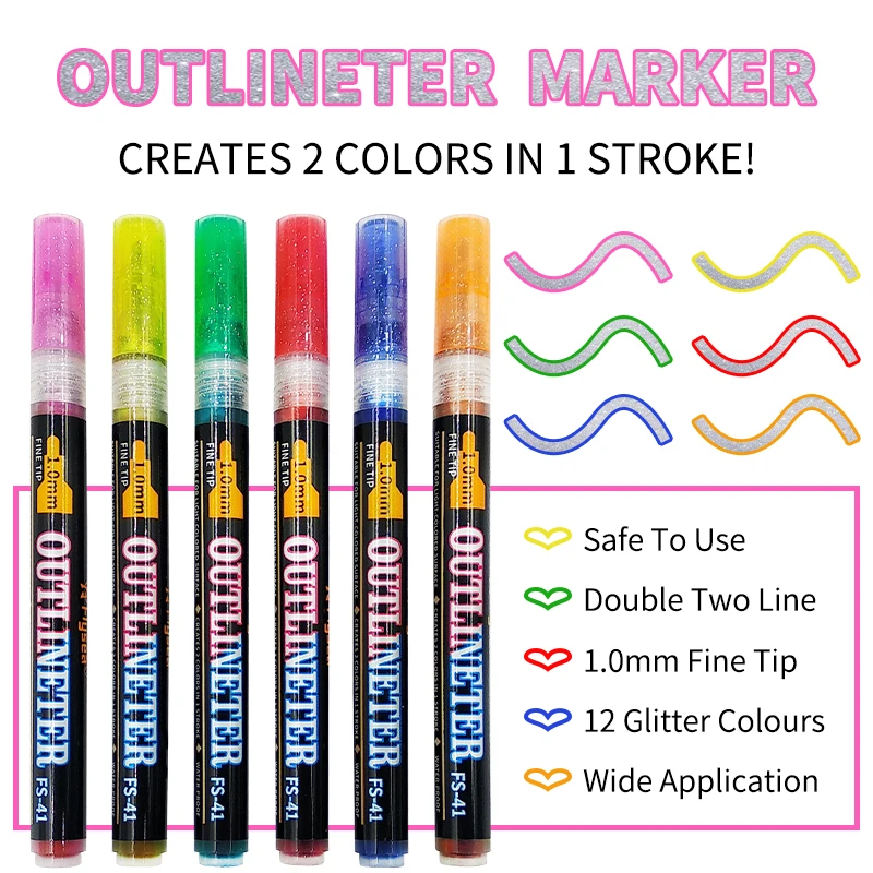 Hot Selling 18 Pcs Pack Drawing Double Line Outline Pen Outline Highlighter Marker Pen Metallic Color Marker