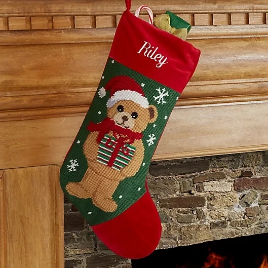 Teddy Bear Personalized Needlepoint Stocking with Velvet Cuff Cross-stitch Decoration Christmas Stockings for Children Gift