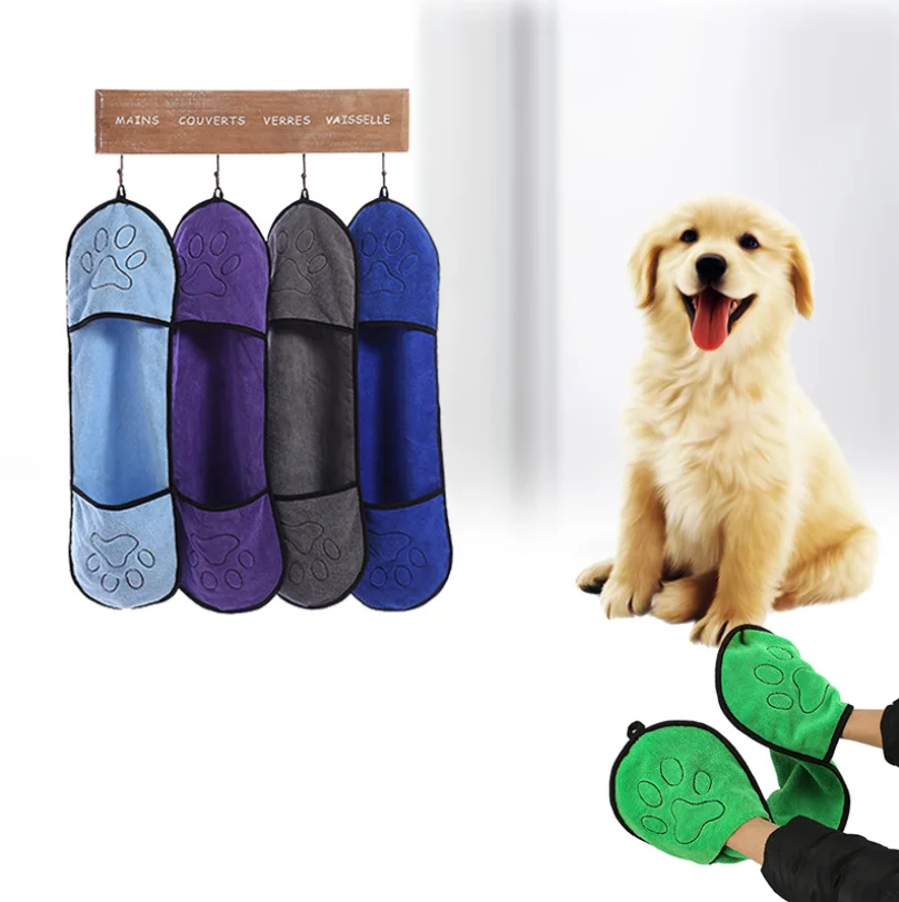 
Hot sell pet dog cleaning bath towel cat pet grooming microfiber towel with glove 23*65cm 