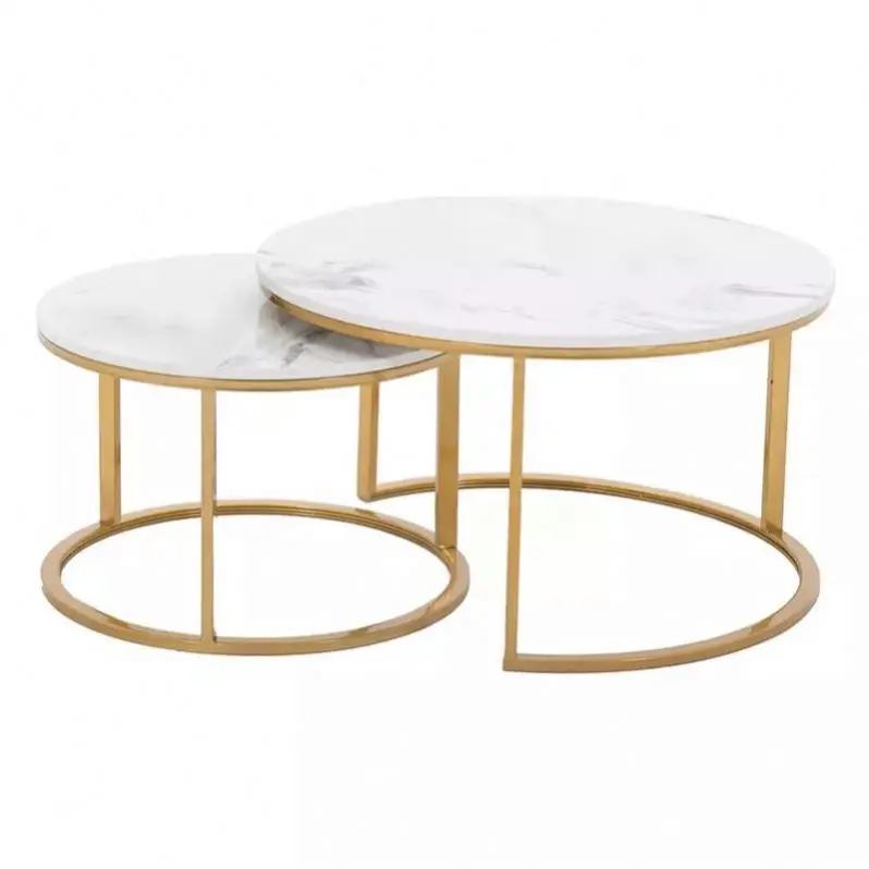 Contemporary Round Nesting Bent Black Gold Metal Side Glass Marble Stone Mdf Wood Coffee Table Nest Of 3 Table Set Nesting Table