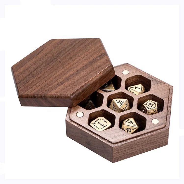 Magnetic Lid Hexagon DND Luxury Walnut Wood 7 Compartment Dice Box for Dice Packaging