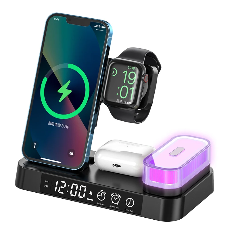 3 in 1 Night Light foldable charging station dock with alarm clock  RGB LED light 6 in 1 15W wireless charger stand