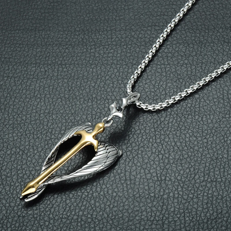 2020 Titanium Steel Silver Gold Christian Angel Wing Cross  Wing Sword Necklace For Men