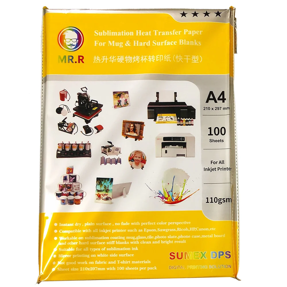 MR.R Sublimation Heat Transfer Paper 110gsm with A4x100 Sheets For Ceramic Mug and Stiff Substrate Materials Suitable for Epson
