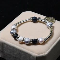 Ladies Alloy Multicolor Pearl Bead Bracelet Freshwater Charm Heart Design Cuff Pearl Bracelet Bangles