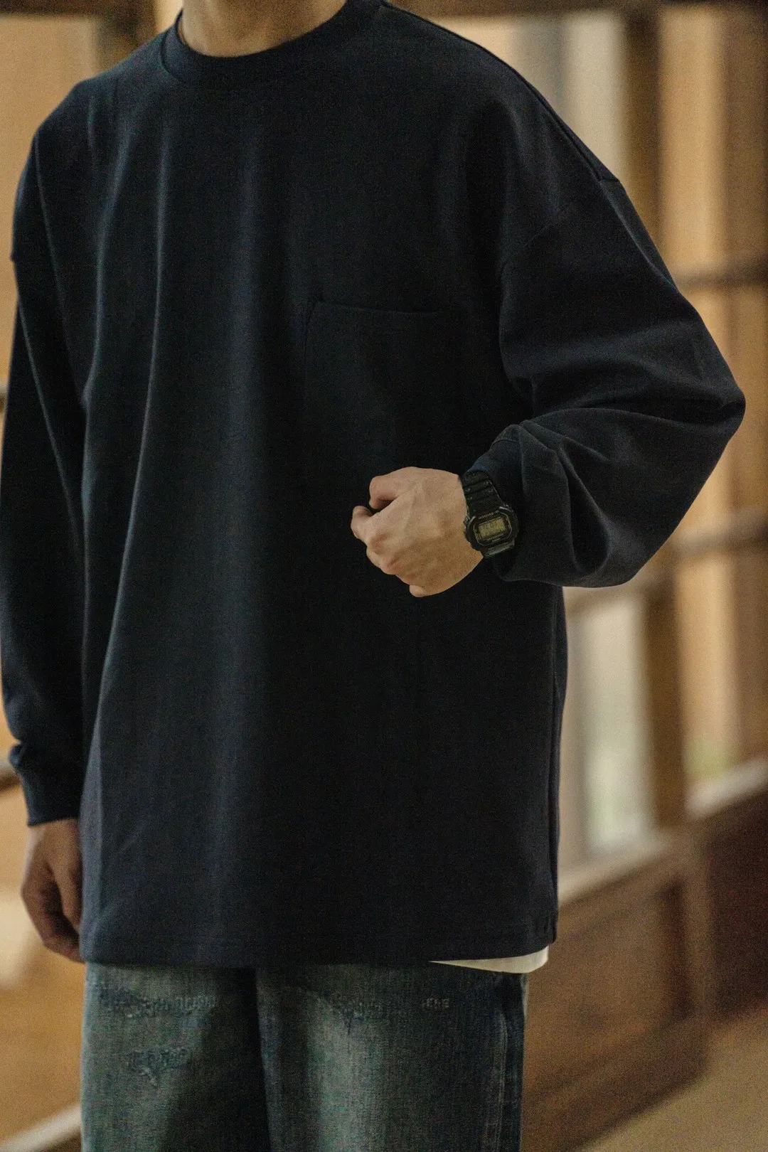 Wholesale Custom Street Off Shoulder T-shirt 320gsm Cotton Oversized Long Sleeve Tshirts With Pocket