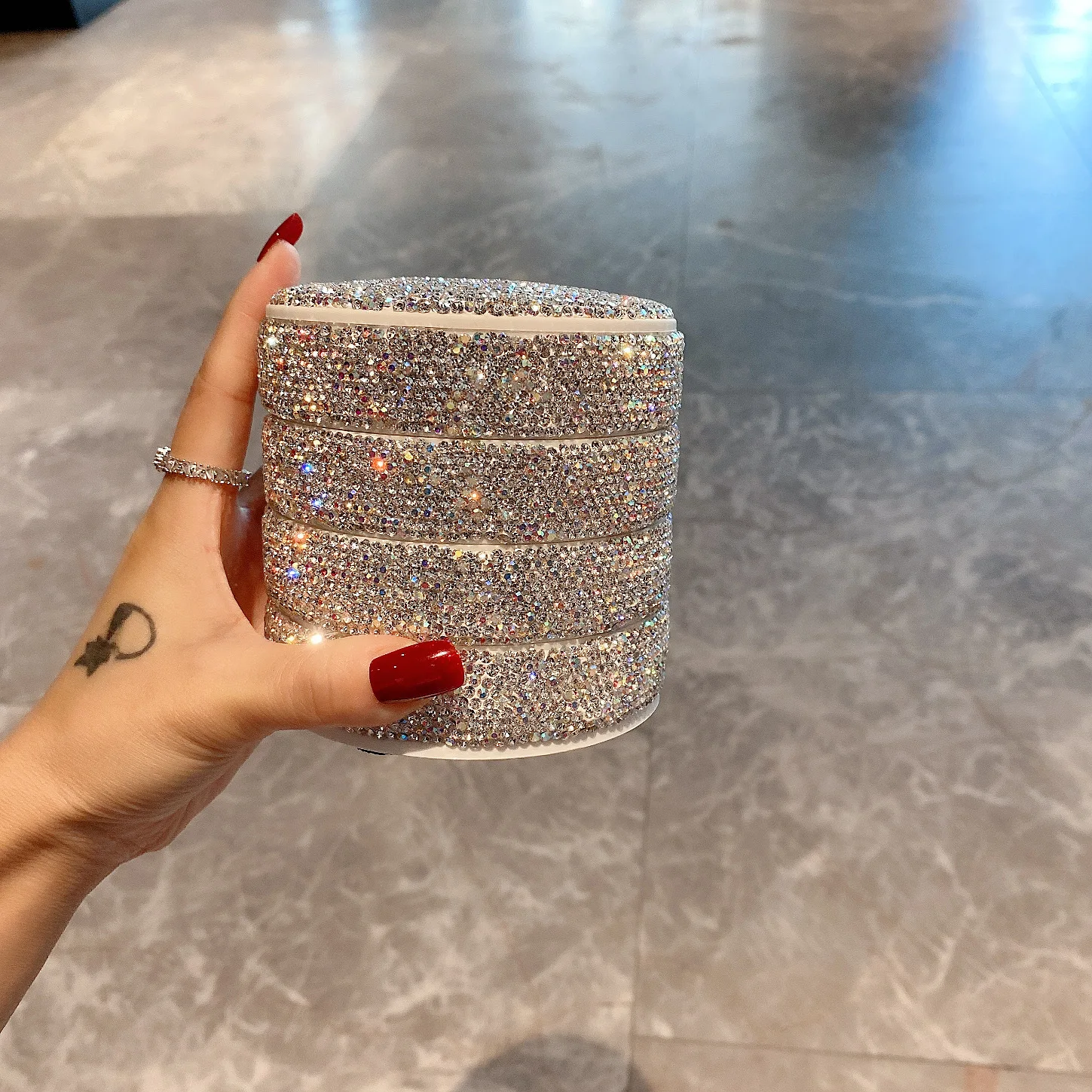 Multi-layer 360 Degree Rotation Storage Box Luxury Bling Diamond Inlaid Desktop Jewelry Box