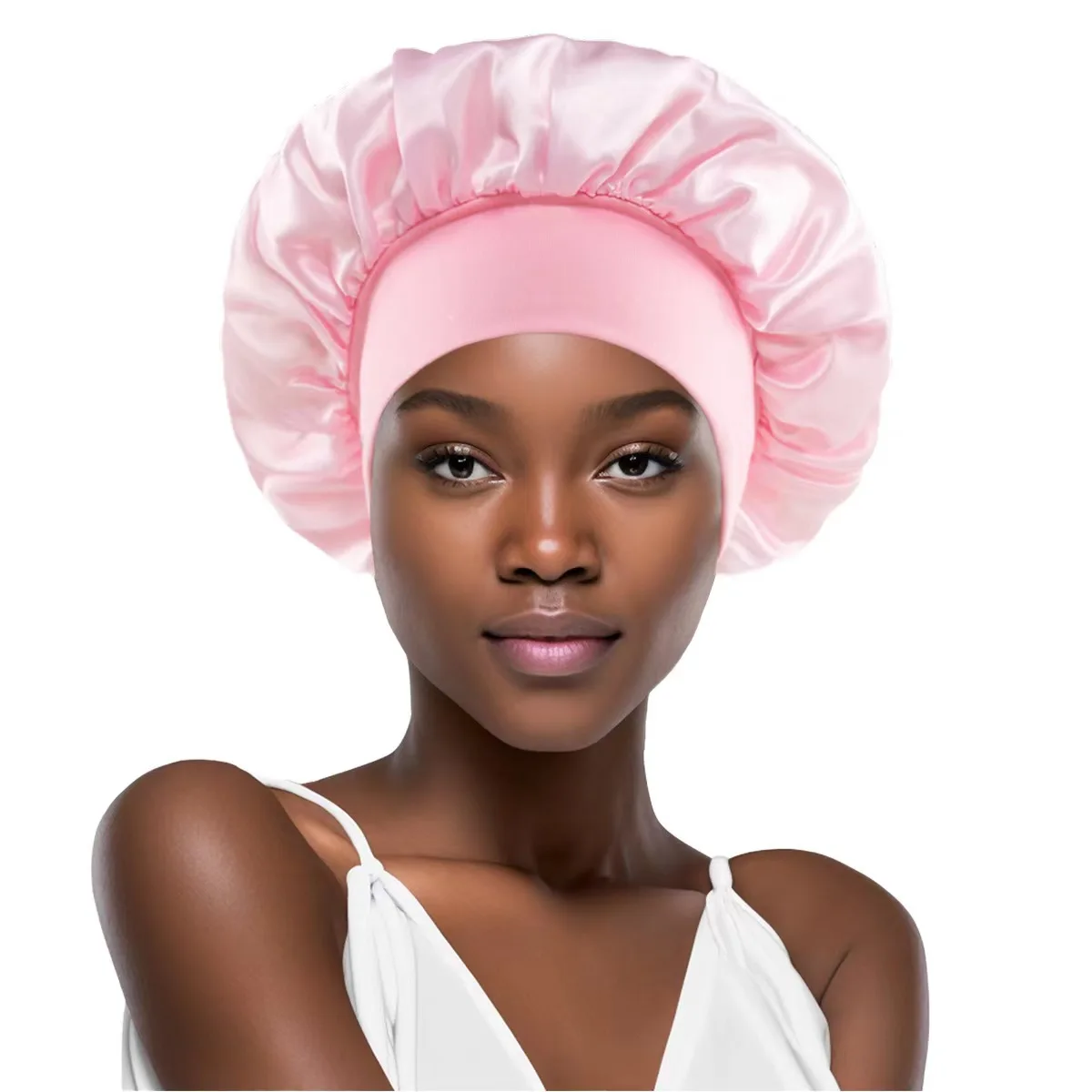 FS295 Solid color wide-brimmed elastic adult nightcap fashion hair care and shower cap satin chemotherapy cap for men and women
