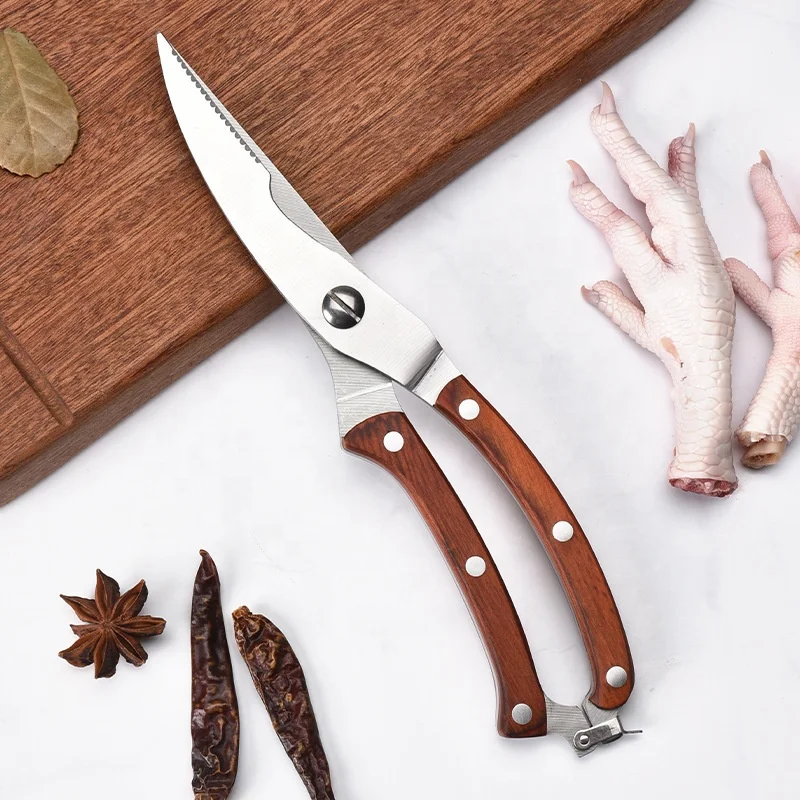 Hot Sale Wooden Handle Kitchen Scissor 304 Stainless Steel Strong Super Sharp Chicken Bone Scissors