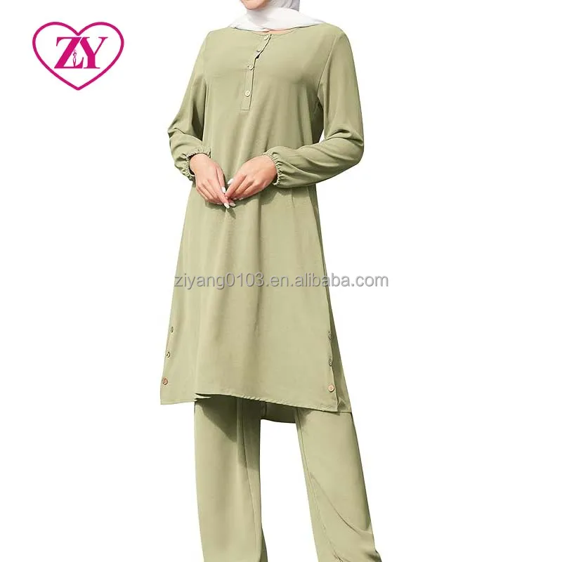 Laurel green Muslim clothing for women Elegant Abaya button robe Afghan baggy trouser Islamic Pants Long Sleeve Tunic with Pants