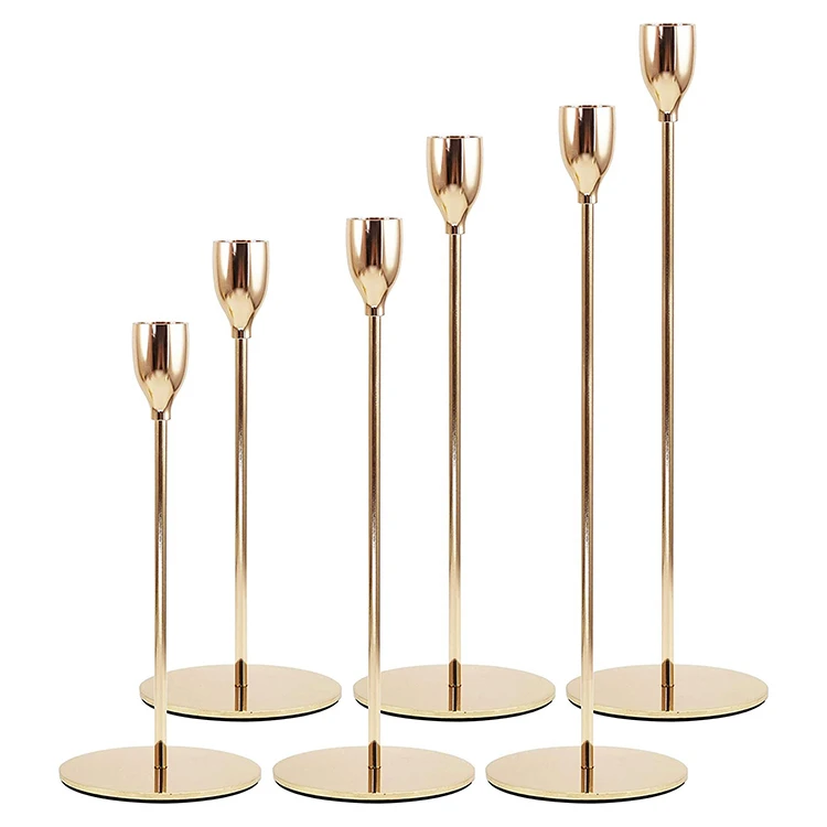 Luxury Candlestick Metal Diamond Pillar Taper Black Rose Gold Candle Holder Stand