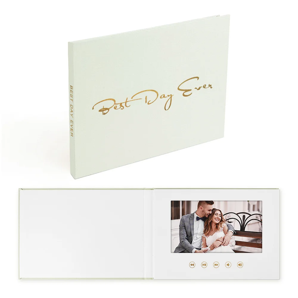 New Design Luxury Custom Wedding Invitation Card 7 Inch Linens Hardcover Wedding Video Brochure Gold Leaf Video Memory Book