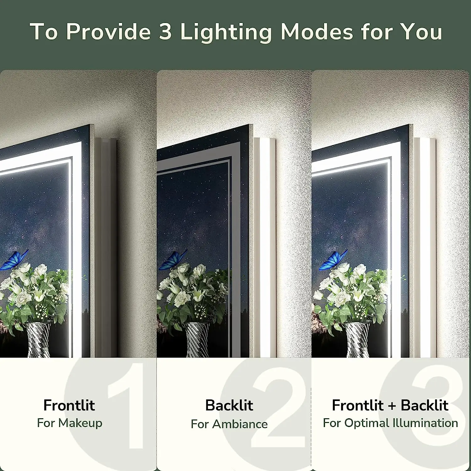 Factory smart mirror large size led bathroom mirror with lights anti-fog 3 colors makeup mirror