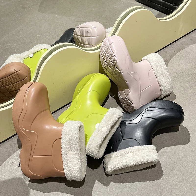 terry fleece inside fur boots jelly ankle eva rain boots woman waterproof fashion ladies shoes with fur