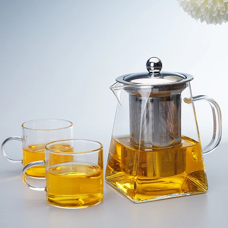 factory supply large capacity steeping teapot stainless steel filter flower borosilicate glass teapot with cups