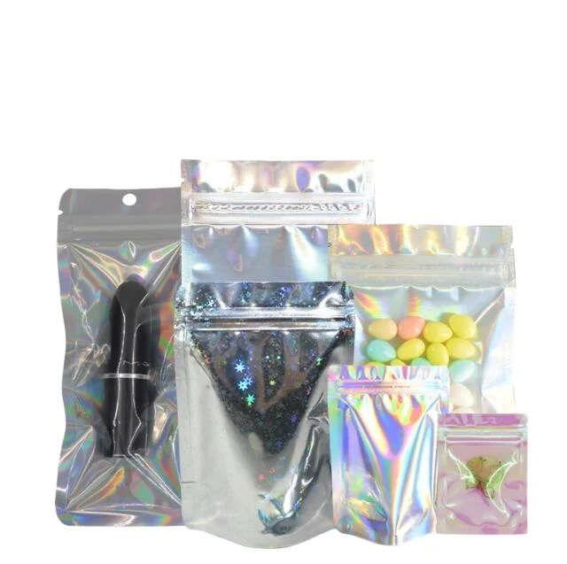Holographic Mylar Ziplock Bags Aluminum Foil Hologram Food Pouch Stand up Zipper Reclosable Holographic Bag