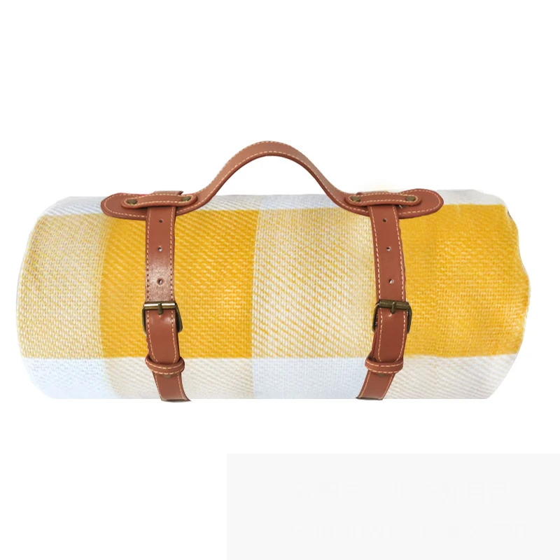 Thickened Acrylic Picnic Blanket Belt Handheld Outdoor Camping Blanket Multiple Classic Striped Plaid Velvet Camping Tent Mat