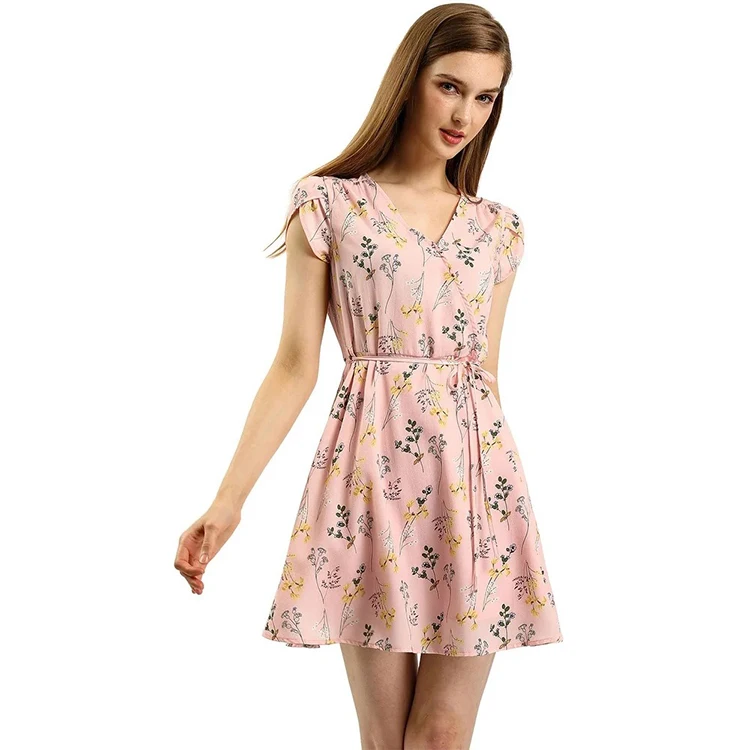 
Unique Bargains Women Floral Crossover V-neck Petal Sleeve Floral Dress 