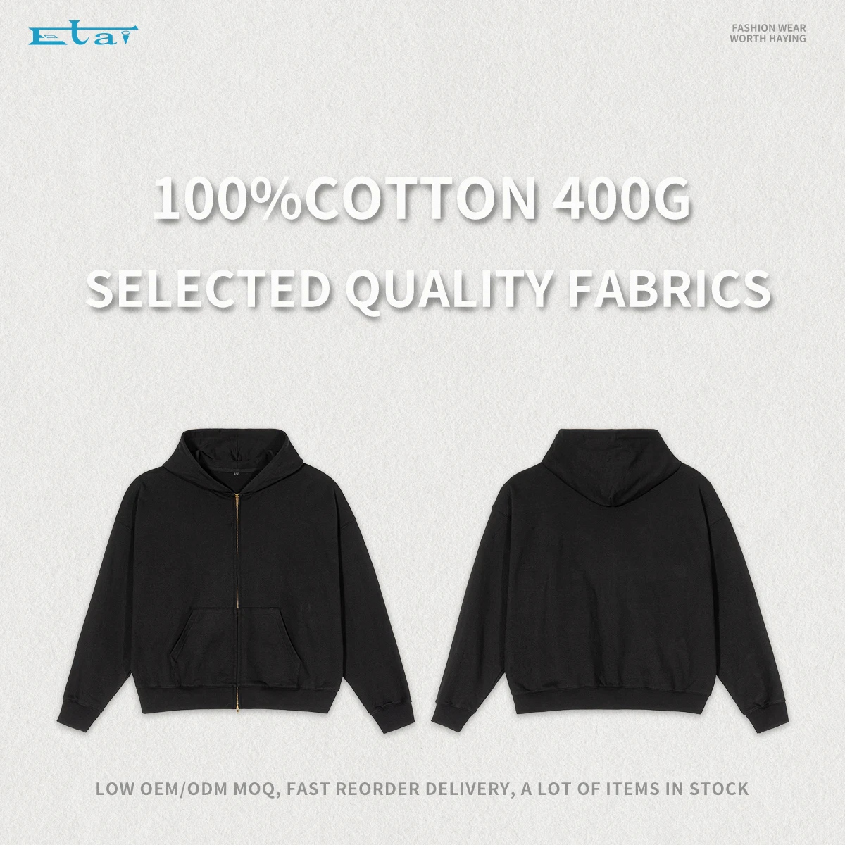 Essentials Hoodies Vintage Unisex Drop Shoulder 100% Cotton 400Gsm Jacket Boxy Zip Up Hoodie With Double Layer Hood Front Pocket