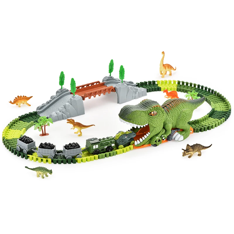 Diy 121 Pcs Dinosaur Race Toy 360 Loop Slide Track Freewheel Diecast Car Double Sliding Track Mini Dinosaur Slot Toy For Kids