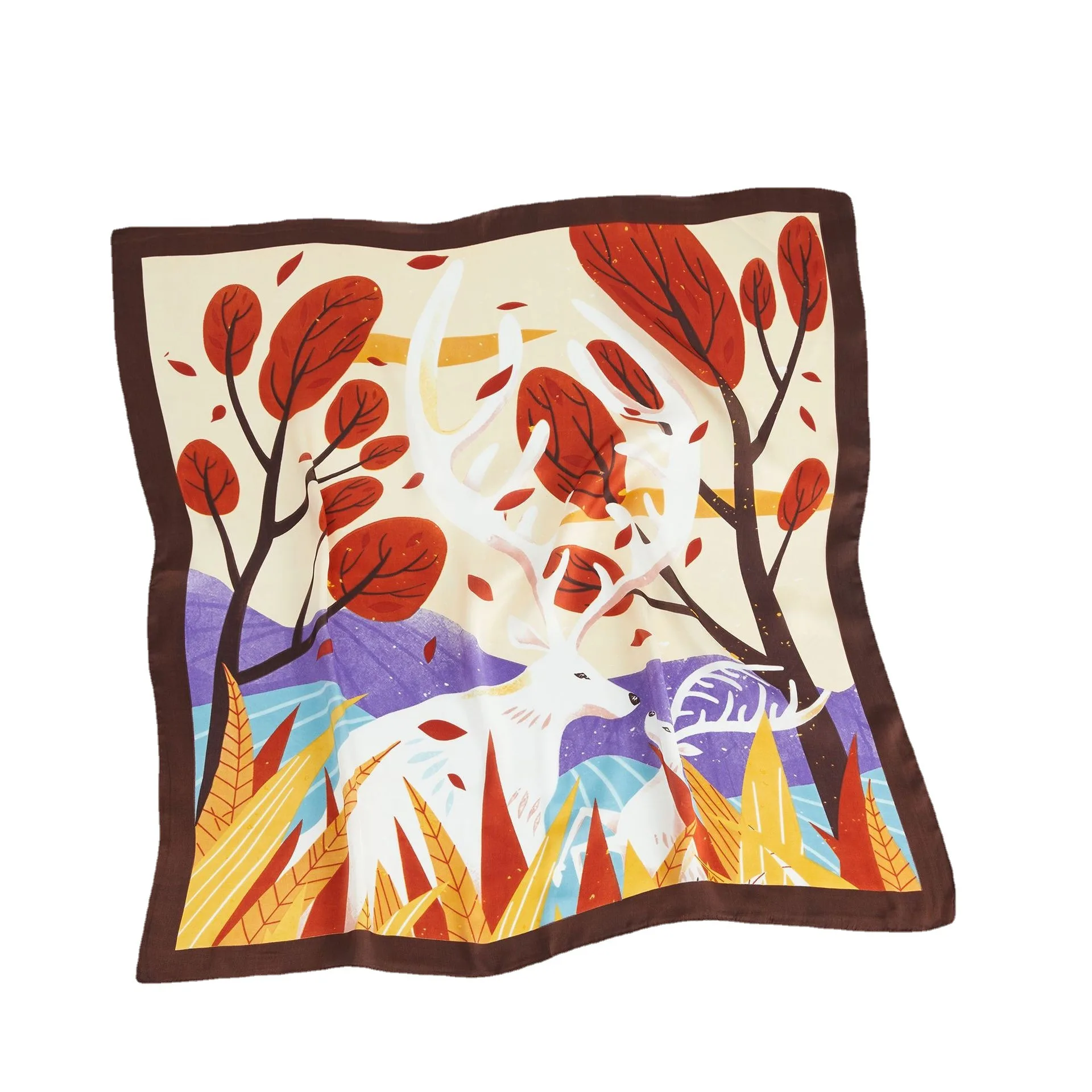 Innovation is unique autumn leaf printing design women bandana square scarf women hijab slik hair scarf