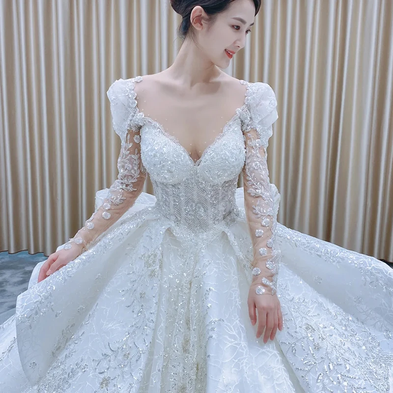 High-end custom bridal wedding dress Handmade beaded lace large ponte white wedding dress custom heart Sayabridal