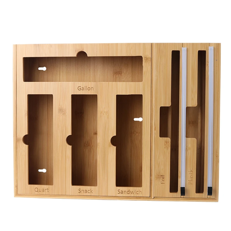 Customize 6 In 1 Bamboo Food Ziplock Bag Storage Organizer, Foil And Plastic Wrap Dispenser With Cutter For Wall Mount