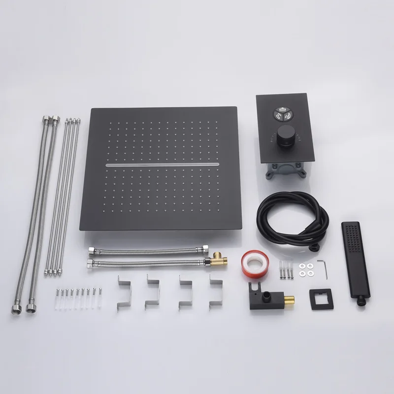 Modern 12 Inch Ceiling Rain Shower System Flush-Mounted Shower Set Black with Rain Shower Head Stainless Steel