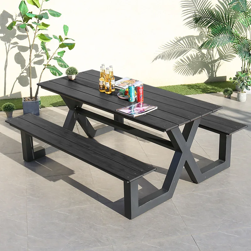 Rustic picnic plastic wood dining table set patio furniture  Outdoor table with bench