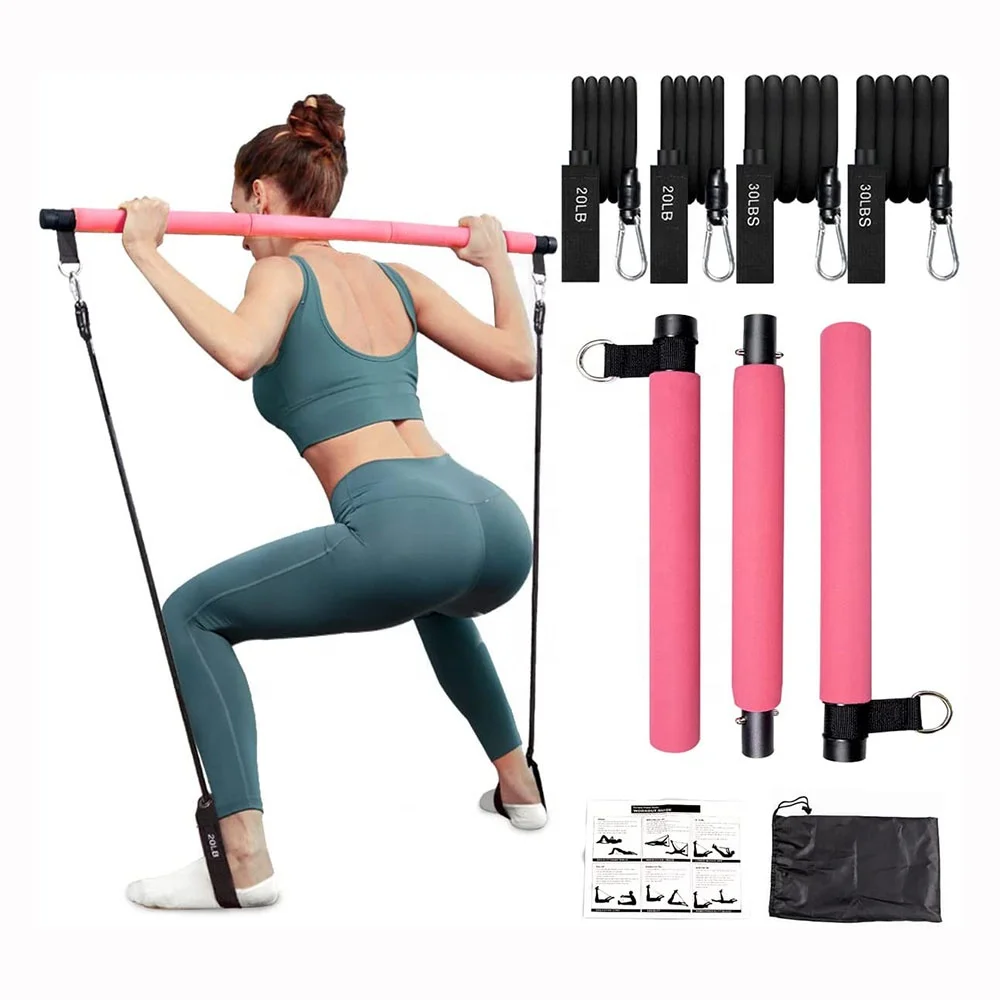 Pilates Bar Kit with Resistance Bands Home Gym Workout Bar Portable 3-Section Exercise Pilates Sticks Bar