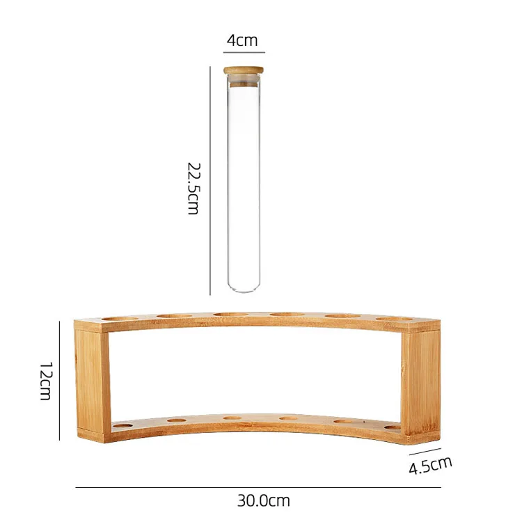 Clear Round bottom Borosilicate Glass Tube for Coffee Beans Spice Display with Airtight Bamboo Lid and Wood holder