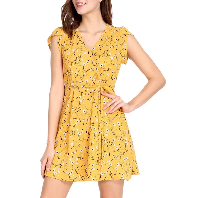 
Unique Bargains Women Floral Crossover V-neck Petal Sleeve Floral Dress 