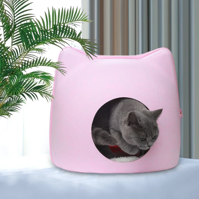 Custom High Quality Felt Pet House And Cat Bed Sleeping Bag Zipper Cat Kennel Felt Cat Head Nest