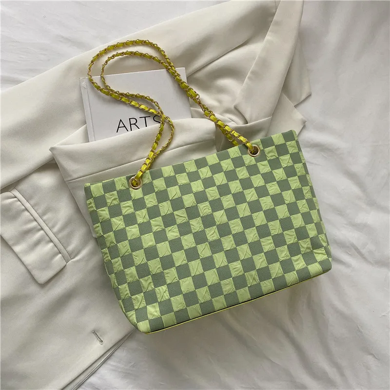 Wholesale Cheap Large Capacity Plaid Checkered Tote Shoulder Bag With Chain Strap For Girls Ladies Office Bag