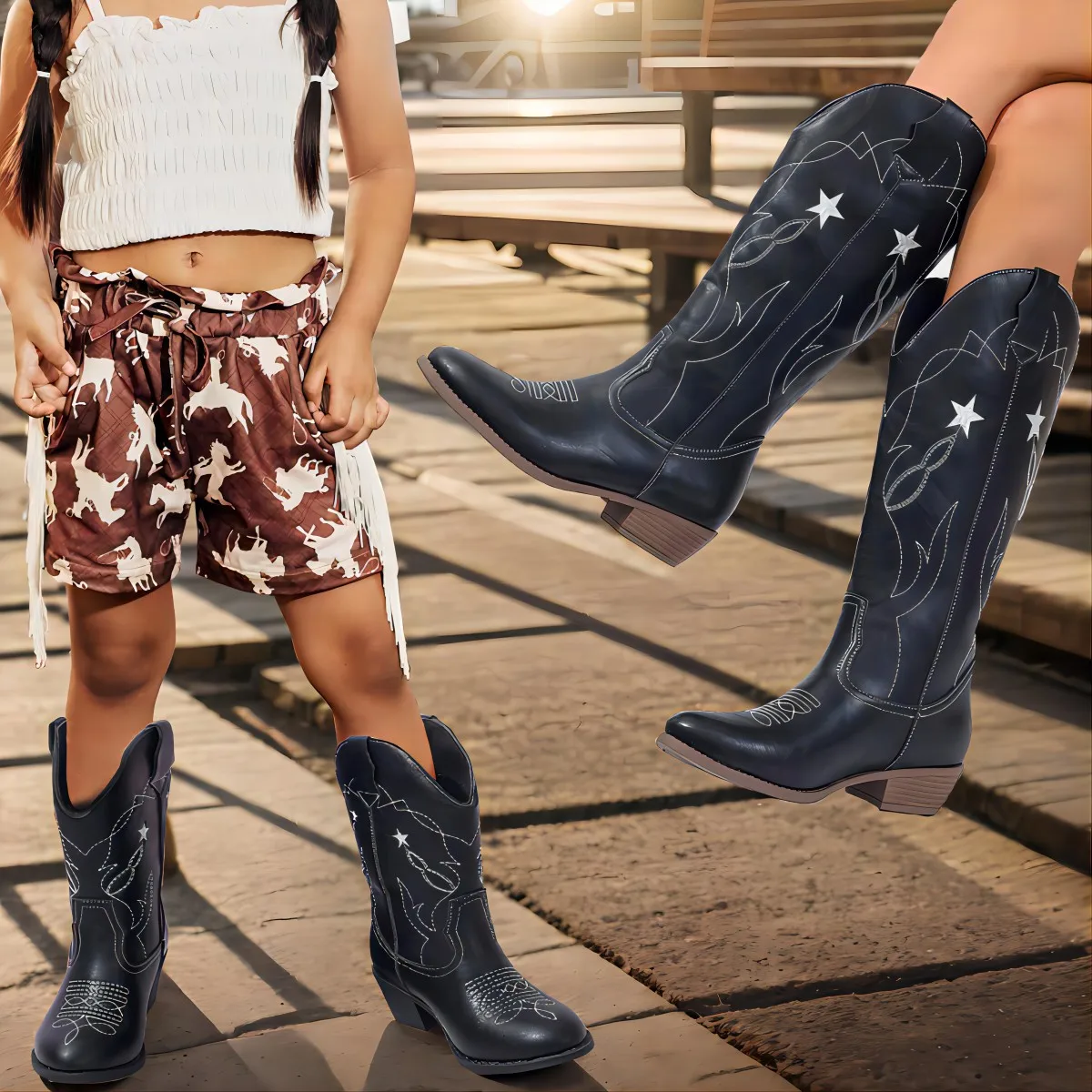 BUSY GIRL mum and me matching cowgirl boots set embroider stars black leather western outdoor riding kids cowboy boots women
