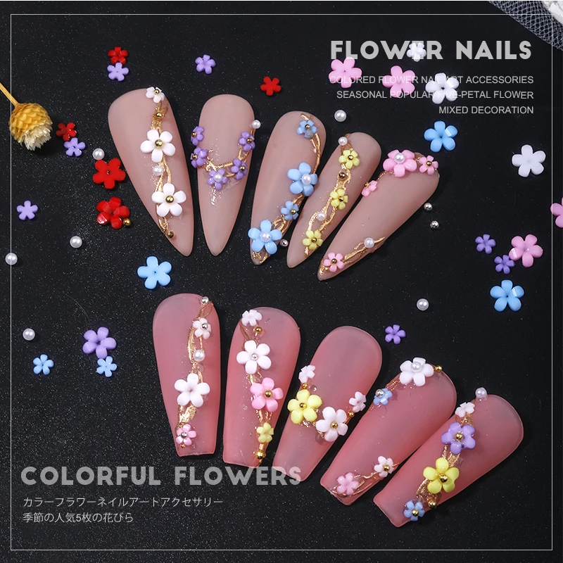 Hot sell mini resin five petal flower handmade nails small flower three-dimensional fingertip disc nail art nail art rhinestone