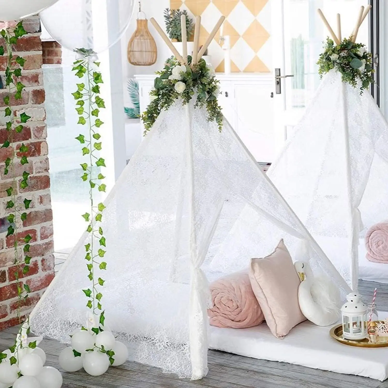 Kids Teepee Tent Lace Toy Tent Indoor&Outdoor Children Playhouse Luxury Lace Tent for Wedding Party Photo Prop Lace Canopy