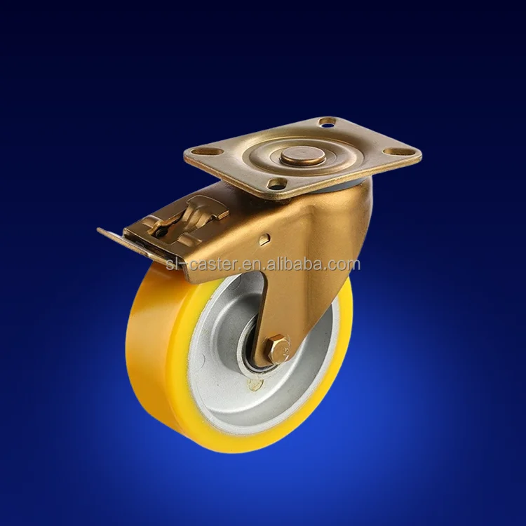 5IN rotational medium duty caster with yellow zinc plating fork orange PU wheel with sliver Alv center core 300kgs swivel castor