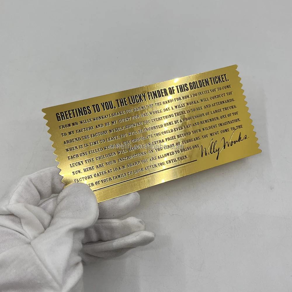 Custom Print Plastic Gold Foil Plated Lottery Card Charlie And The Chocolate Factory Golden Card Willy Wonkawilly Wonka Ticket