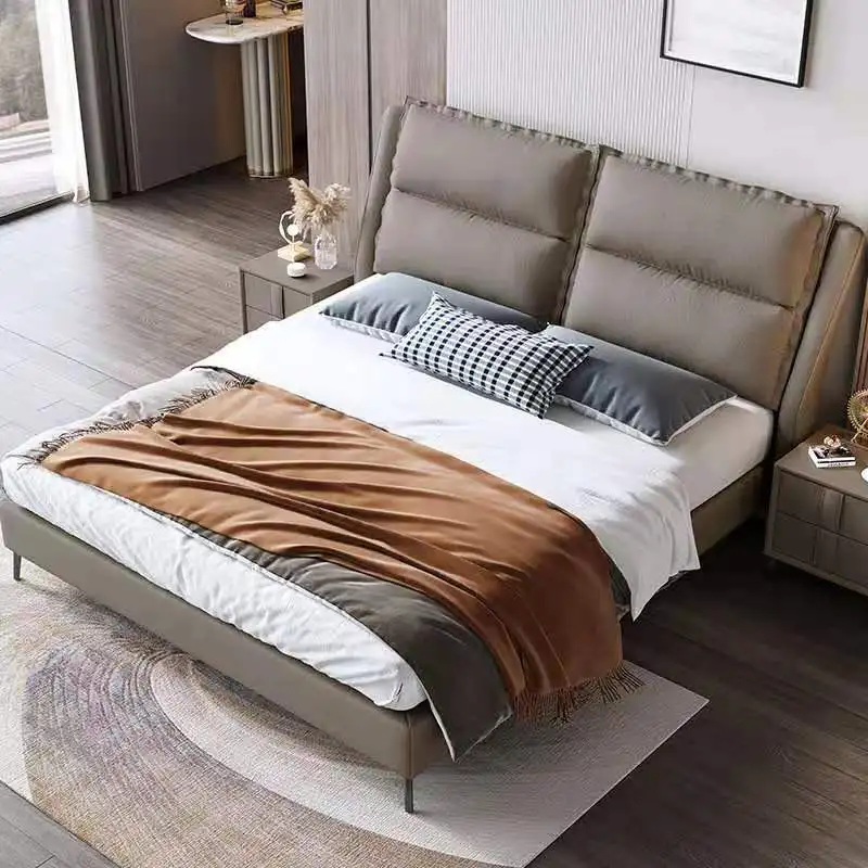 
Leather King Size Design Modern Style Bed Soft Bed Nordic Style Bedroom Master Bedroom 1.5M Double Wooden plus Faux Leather 