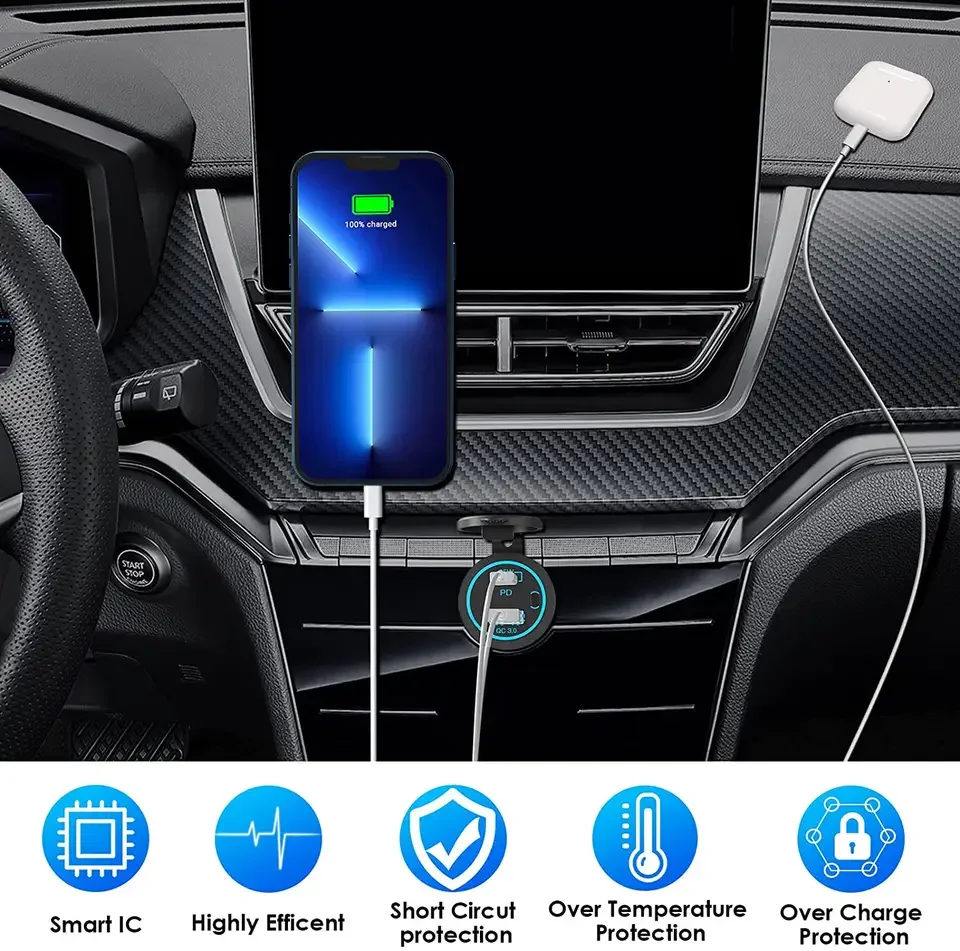 12V  65W DC 12V-24V Waterproof Dual USB LED Car Charger Power Socket Outlet QC3.0+PD3.0 for laptop
