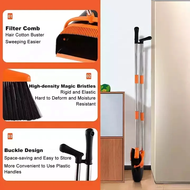 Amazon Hot Sale Stand Up Broom Dustpan Set Cleaning Supplies for Indoor Housewarming Dustpan with Long Handle Broom Combo