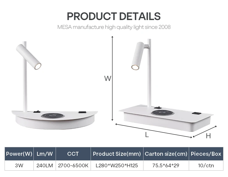 3W Indoor Reading Light USB Rechargeable Bedside Bedroom LED Wall Lamp With Wireless Charging