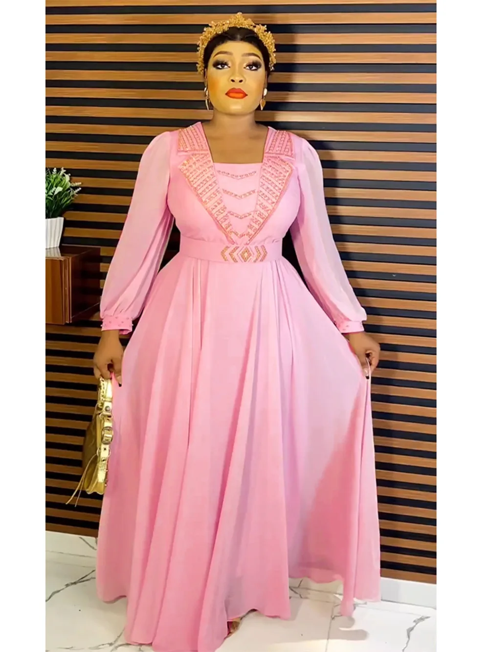 European and American women fashion beading casual maxi dress African Chiffon floor length skirt Embroidered Casual Dresses