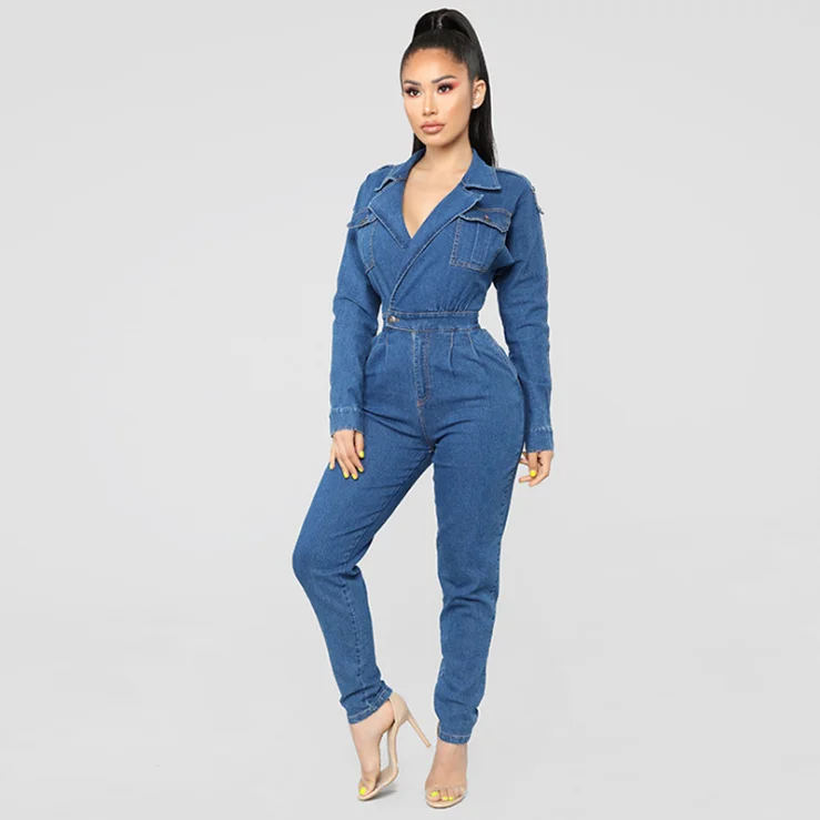 2019 Autumn High Quality Women  Denim Romper Long Sleeve V-Neck Jean Jumpsuits
