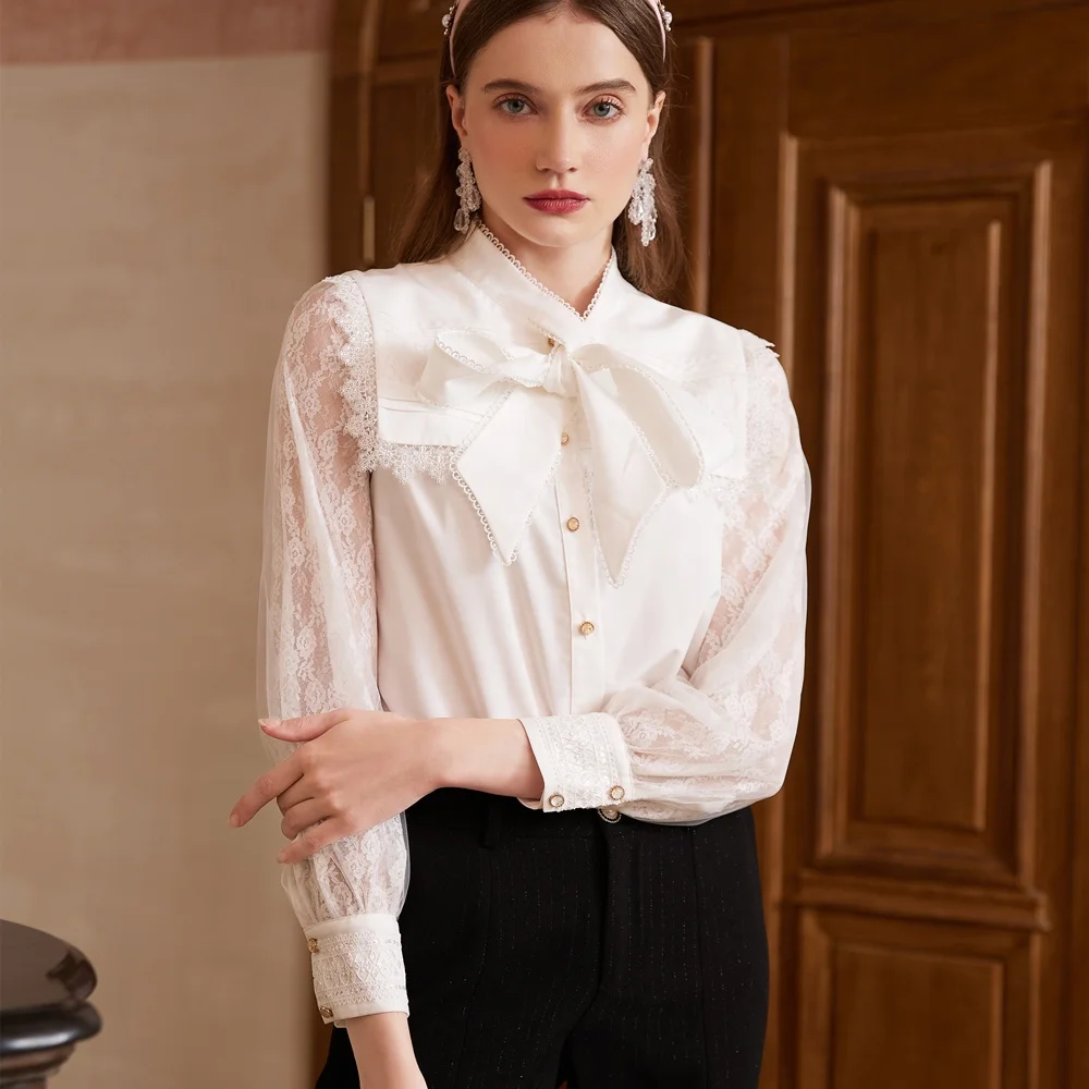 Bow Collar Lace Patchwork Shirt Blusas De Mujer Blouses Et Chemises Pour Femmes Stylish Shirt