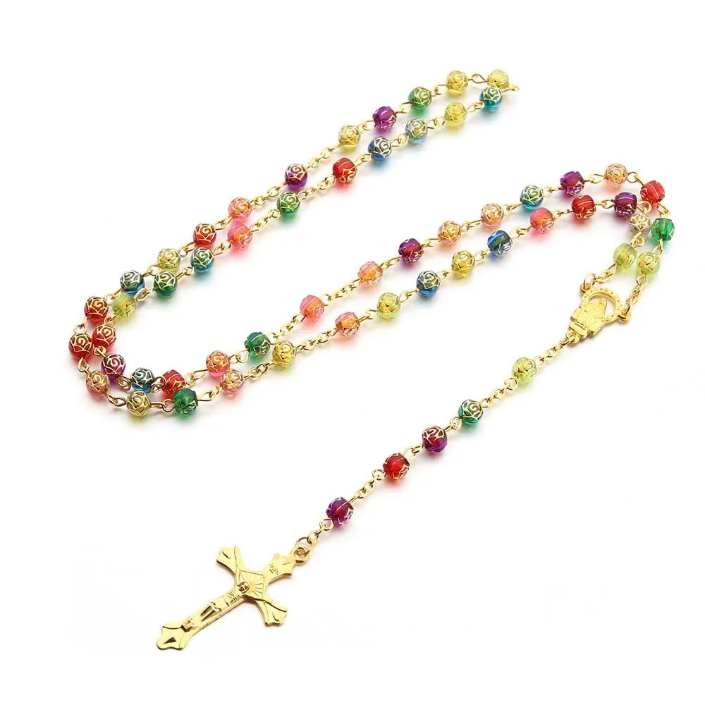 LC202403181 Wholesale Catholic  Rosary Necklace  Religion Prayer Plastic Bead Cross Rosary Necklace Catholicism