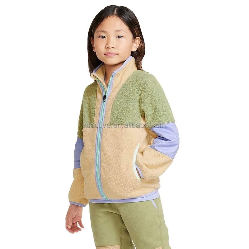Wholesale Children Full Zip Up Color Block Winter Coat For Kid Girls Polar Fleece Jacket