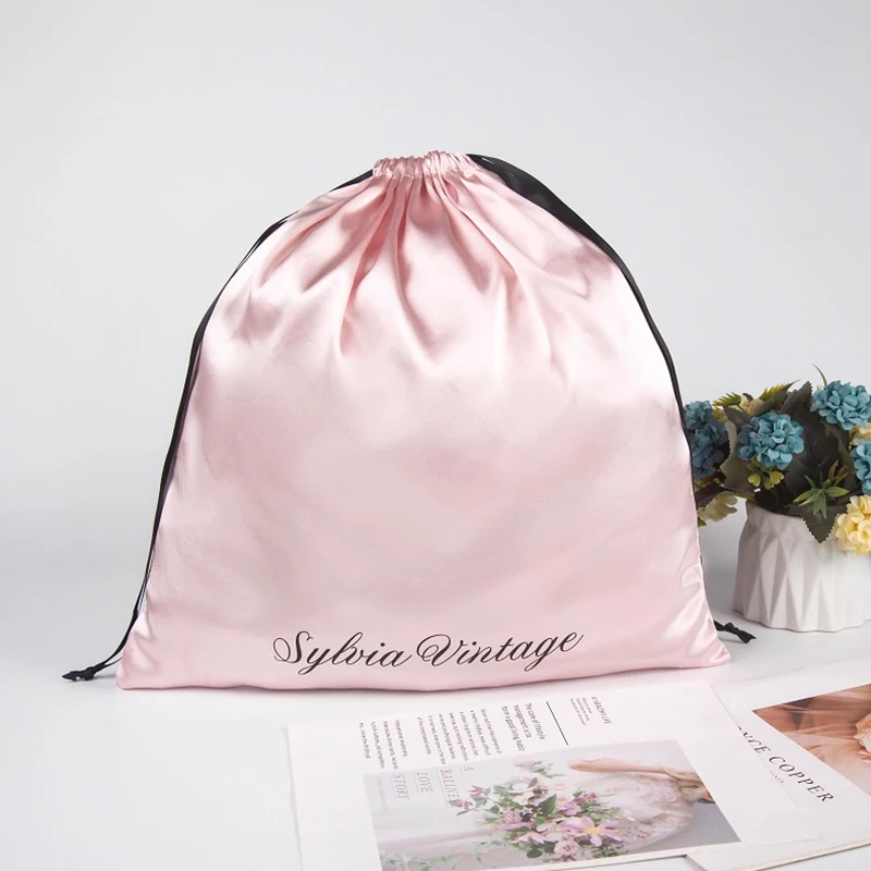 Wholesale Custom Printed Logo Recyclable Biodegrada Small Silk Satin Jewelry Pink Pouch Drawstring Satin Bag
