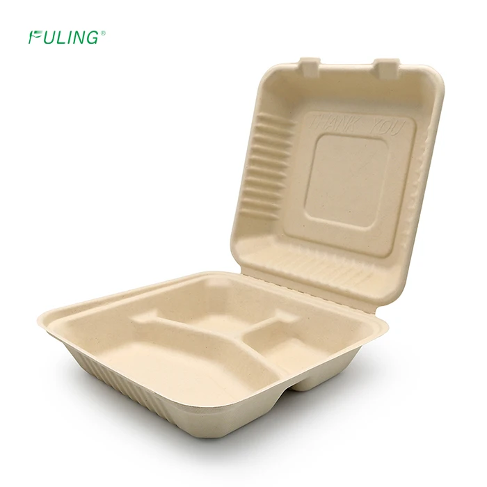 FULING Disposable Bagasse Eco-Friendly Biodegradable Take Out Food Containers Sugarcane Clamshell To Go Lunch Box